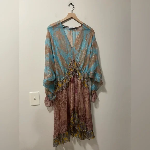 Zimmerman Realm Plunge Draw Bohemian Paisley Silk Ruffle High Low Dress Large